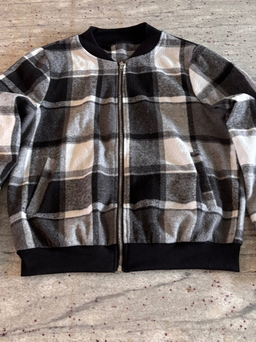 Flannel Womens Bomber Light Weight Jacket - Black and White Zip Pockets Size M